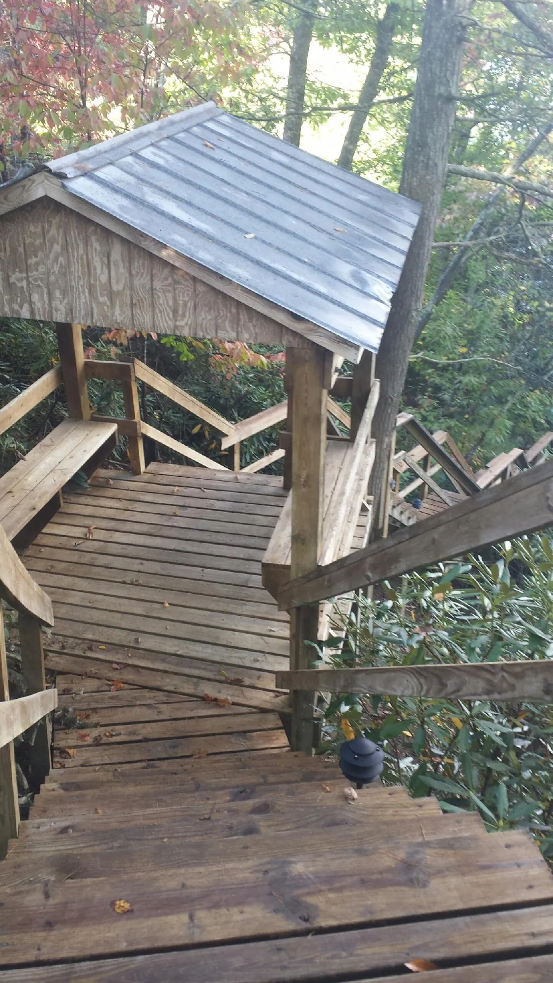 Metal roofed shelter over wooden steps on a wooded walkway — Skylight Repair & Installation work by our crew in Bolckow